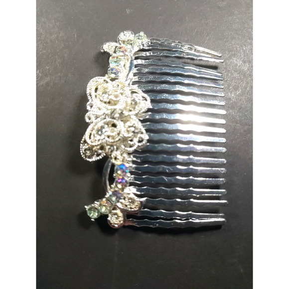 Butterfly Hair Comb Barrette Silver Tone Lace Look Rhinestone Wedding Party - Picture 3 of 4